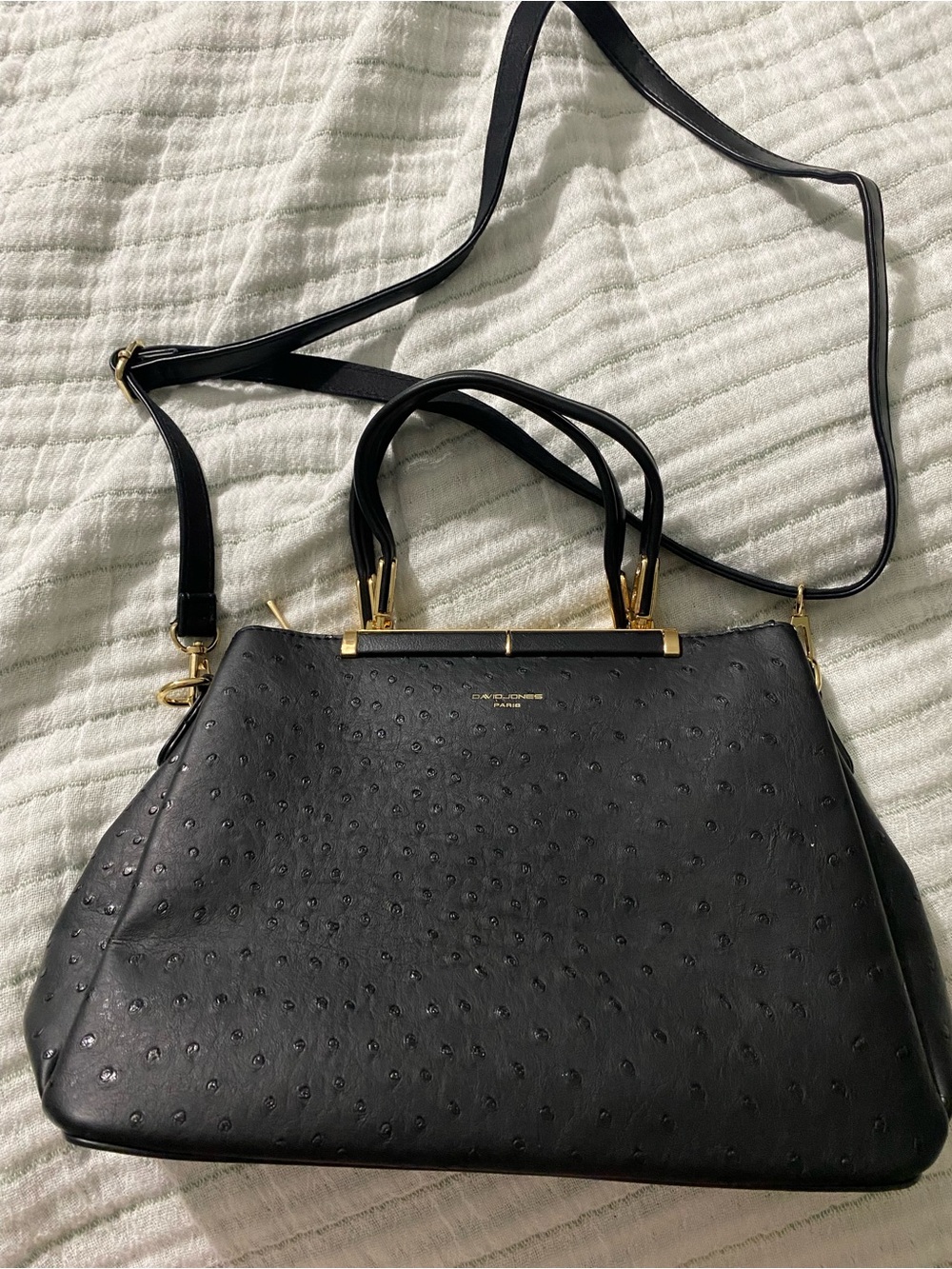 Black Ostrich-Embossed Satchel with Gold Hardware